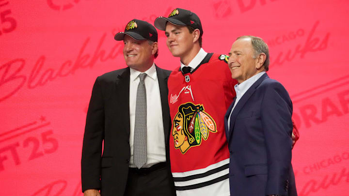 Jun 27, 2025; Los Angeles, California, USA; Anton Frondell is selected as the third overall pick to the Chicago Blackhawks in the first round of the 2025 NHL Draft at Peacock Theater. Mandatory Credit: Kirby Lee-Imagn Images