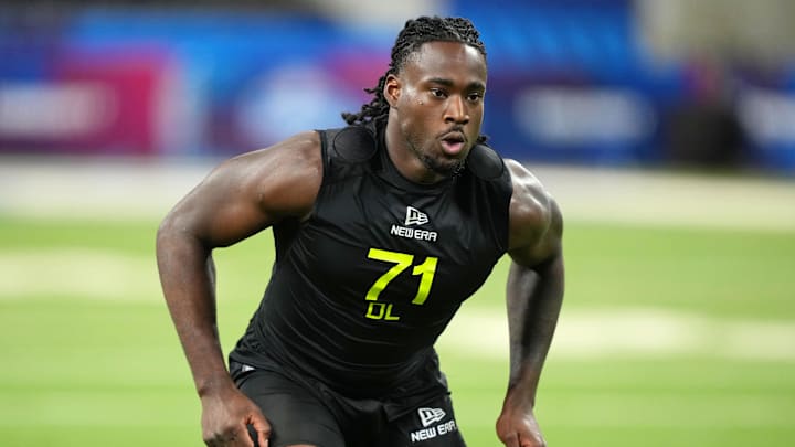 Feb 27, 2025; Indianapolis, IN, USA; Mississippi defensive lineman Princely Umanmielen (DL71) participates in drills during the 2025 NFL Combine at Lucas Oil Stadium. Mandatory Credit: Kirby Lee-Imagn Images