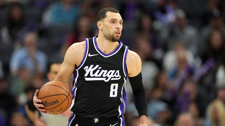 Mar 22, 2025; Sacramento, California, USA; Sacramento Kings guard Zach LaVine (8) dribbles against the Milwaukee Bucks during the fourth quarter at Golden 1 Center.