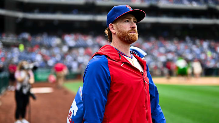 Jun 5, 2024; Philadelphia, Pennsylvania, USA; Philadelphia Phillies relief pitcher Spencer Turnbull (22) looks on before the game against the Milwaukee Brewers at Citizens Bank Park. Mandatory Credit: Kyle Ross-Imagn Images