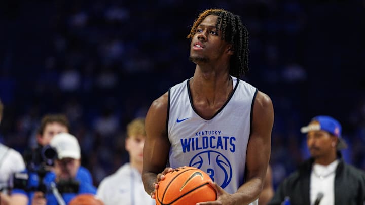 Oct 11, 2025; Lexington, KY, USA; Kentucky Wildcats guard Kam Williams (3) competes in the three point contest during Big Blue Madness at Rupp Arena at Central Bank Center. Mandatory Credit: Jordan Prather-Imagn Images