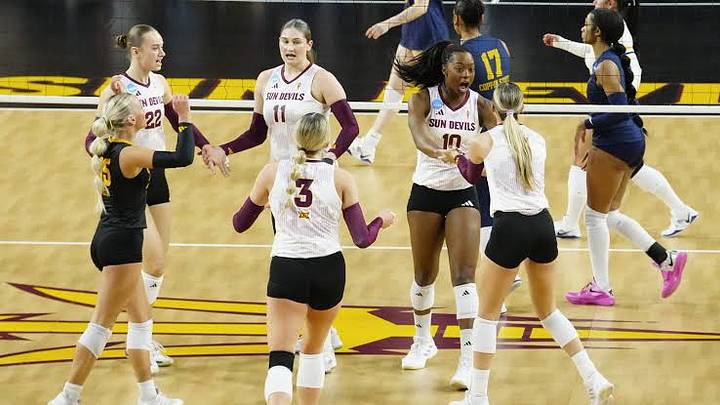 Arizona State opposite hitter Noemie Glover (10) celebrates a point with her teammates against Coppin State during the first round of the NCAA Tournament at Desert Financial Arena in Tempe on Dec. 4, 2025. Arizona State opposite hitter Noemie Glover (10) celebrates a point with her teammates against Coppin State during the first round of the NCAA Tournament at Desert Financial Arena in Tempe on Dec. 4, 2025.