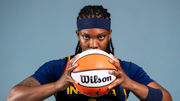 Indiana Fever forward Myisha Hines-Allen (2) poses for a photo Wednesday, April 22, 2026, during media day at Gainbridge Fieldhouse in Indianapolis.