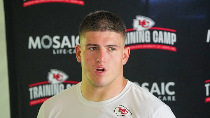 Jul 22, 2025; St. Joseph, MO, USA; Kansas City Chiefs defensive end George Karlaftis (56) speaks to media after training camp at Missouri Western State University. Mandatory Credit: Denny Medley-Imagn Images