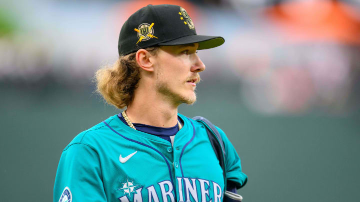 Seattle Mariners pitcher Bryce Miller (50) warms up before the game between the Baltimore Orioles and the Seattle Mariners at Oriole Park at Camden Yards on May 17.