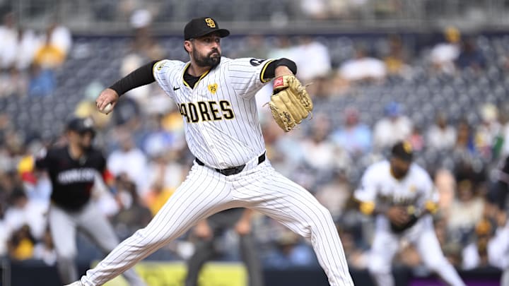 Aug 21, 2024; San Diego, California, USA; San Diego Padres starting pitcher Matt Waldron (61) pitches against the Minnesota Twins during the first inning at Petco Park. Mandatory Credit: Orlando Ramirez-Imagn Images