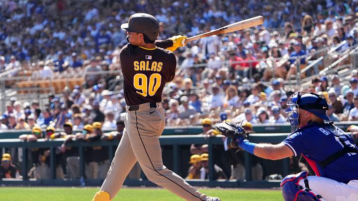 Feb 23, 2025; Phoenix, Arizona, USA; San Diego Padres catcher Ethan Salas (90) hits a double against the Los Angeles Dodgers during the second inning at Camelback Ranch-Glendale. Mandatory Credit: Joe Camporeale-Imagn Images Feb 23, 2025; Phoenix, Arizona, USA; San Diego Padres catcher Ethan Salas (90) hits a double against the Los Angeles Dodgers during the second inning at Camelback Ranch-Glendale. Mandatory Credit: Joe Camporeale-Imagn Images