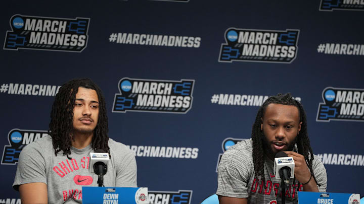 Mar 18, 2026; Greenville, SC, USA; Ohio State Buckeyes guard Bruce Thornton and guard Devin Royal during a press conference ahead of the first round of the men's 2026 NCAA Tournament at Bon Secours Wellness Arena. Mandatory Credit: Bob Donnan-Imagn Images