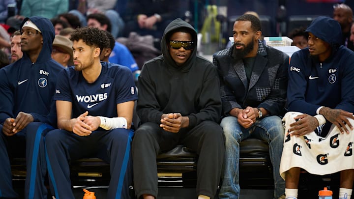 Dec 12, 2025; San Francisco, California, USA; Minnesota Timberwolves guard Anthony Edwards (5) watches the game in street clothes on the bench during the second quarter of the game against the Golden State Warriors at Chase Center. Mandatory Credit: Robert Edwards-Imagn Images Dec 12, 2025; San Francisco, California, USA; Minnesota Timberwolves guard Anthony Edwards (5) watches the game in street clothes on the bench during the second quarter of the game against the Golden State Warriors at Chase Center. Mandatory Credit: Robert Edwards-Imagn Images