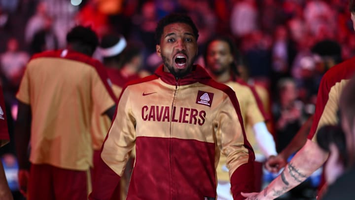 Nov 13, 2024; Philadelphia, Pennsylvania, USA; Cleveland Cavaliers guard Donovan Mitchell (45) is introduced before the game against the Philadelphia 76ers at Wells Fargo Center. Mandatory Credit: Kyle Ross-Imagn Images