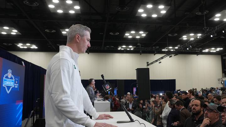 Feb 24, 2026; Indianapolis, IN, USA; New York Jets general manager Darren Mougey speaks at the NFL Scouting Combine at the Indiana Convention Center. Mandatory Credit: Kirby Lee-Imagn Images Feb 24, 2026; Indianapolis, IN, USA; New York Jets general manager Darren Mougey speaks at the NFL Scouting Combine at the Indiana Convention Center. Mandatory Credit: Kirby Lee-Imagn Images