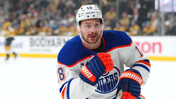 May 8, 2025; Las Vegas, Nevada, USA; Edmonton Oilers left wing Zach Hyman (18) skates against the Vegas Golden Knights during the first period of game two of the second round of the 2025 Stanley Cup Playoffs at T-Mobile Arena. Mandatory Credit: Stephen R. Sylvanie-Imagn Images