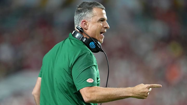 Jan 19, 2026; Miami Gardens, FL, USA; Miami Hurricanes head coach Mario Cristobal reacts after a play against the Indiana Hoosiers during the first half of the College Football Playoff National Championship game at Hard Rock Stadium. Mandatory Credit: Kirby Lee-Imagn Images