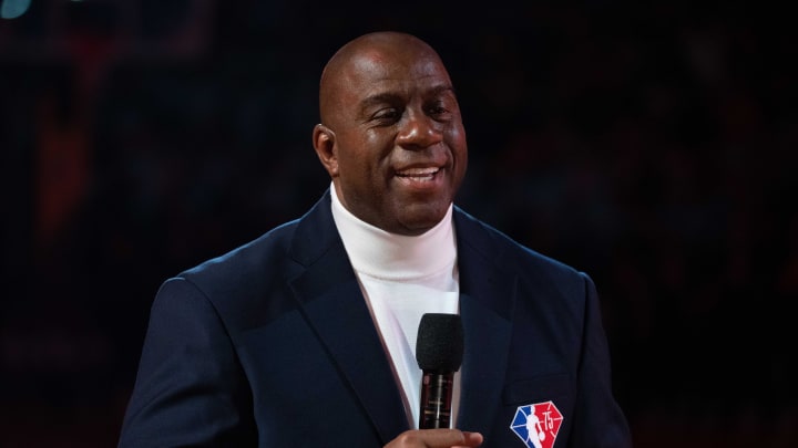 February 20, 2022; Cleveland, Ohio, USA; NBA great Magic Johnson before the 2022 NBA All-Star Game at Rocket Mortgage FieldHouse. Mandatory Credit: Kyle Terada-USA TODAY Sports February 20, 2022; Cleveland, Ohio, USA; NBA great Magic Johnson before the 2022 NBA All-Star Game at Rocket Mortgage FieldHouse. Mandatory Credit: Kyle Terada-USA TODAY Sports