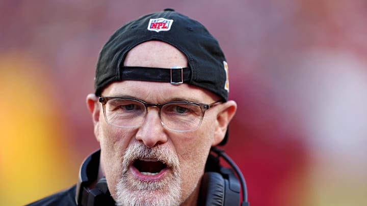 Oct 27, 2024; Landover, Maryland, USA; Washington Commanders head coach Dan Quinn talks to his team during the first quarter against the Chicago Bears at Commanders Field. Mandatory Credit: Peter Casey-Imagn Images