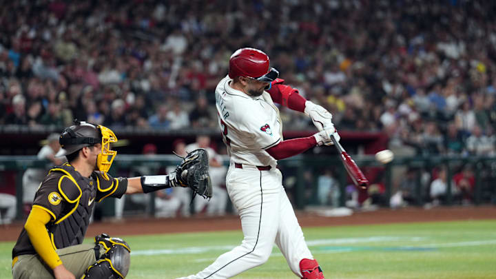 Sep 27, 2024; Phoenix, Arizona, USA; Arizona Diamondbacks first base Christian Walker (53) bats against the San Diego Padres during the sixth inning at Chase Field. 