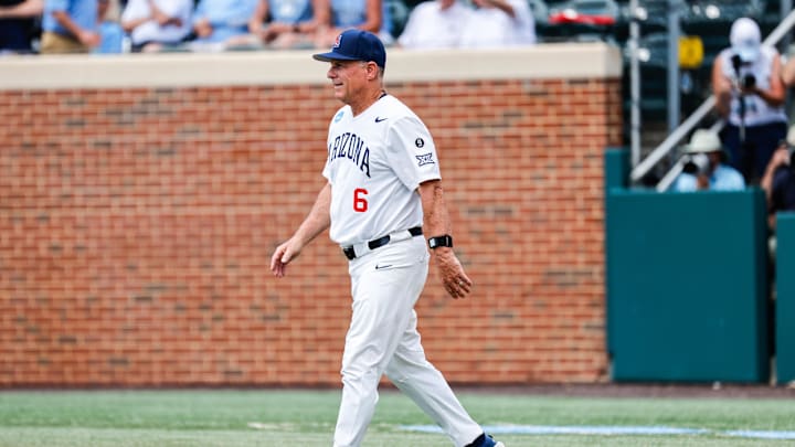 Jun 7, 2025; Chapel Hill, NC, USA; Arizona Head Coach Chip Hale walks out during the third inning of the Super Regionals game against North Carolina in Chapel Hill, North Carolina. Mandatory Credit: Jaylynn Nash-Imagn Images