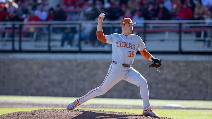 Texas pitcher Max Grubbs (38) throws a pitch in game two of the Big 12 baseball series against Texas