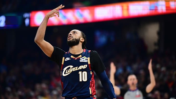 Dec 6, 2025; Cleveland, Ohio, USA; Cleveland Cavaliers guard Darius Garland (10) celebrates after hitting a three point basket against the Golden State Warriors during the first half at Rocket Arena. Mandatory Credit: Ken Blaze-Imagn Images