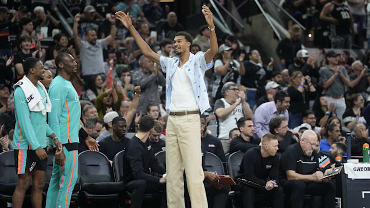 Nov 20, 2025; San Antonio, Texas, USA; San Antonio Spurs forward Victor Wembanyama (1) reacts during the second half against the Atlanta Hawks at Frost Bank Center. Mandatory Credit: Scott Wachter-Imagn Images