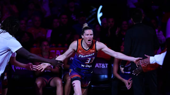 Mercury guard Sami Whitcomb (33) comes off the bench prior to a game against the Lynx at PHX Arena in Phoenix, Ariz., on May 30, 2025.