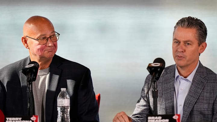 New manager Terry Francona and General Manager Brad Meador take questions during an event to introduce the new manager of the Cincinnati Reds at Great American Ball Park in downtown Cincinnati on Monday, Oct. 7, 2024.