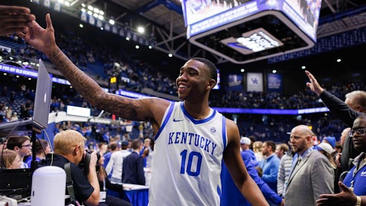 Jan 4, 2025; Lexington, Kentucky, USA; Kentucky Wildcats forward Brandon Garrison (10) high fives fans after the game against the Florida Gators at Rupp Arena at Central Bank Center. Mandatory Credit: Jordan Prather-Imagn Images