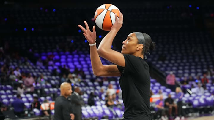 Oct 10, 2025; Phoenix, Arizona, USA; Las Vegas Aces center A'ja Wilson (22) warms up before game four of the 2025 WNBA Finals against the Phoenix Mercury at Mortgage Matchup Center. Mandatory Credit: Joe Camporeale-Imagn Images