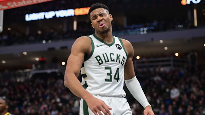 Milwaukee Bucks forward Giannis Antetokounmpo reacts after scoring a basket in the third quarter against the Indiana Pacers at Fiserv Forum on December 13.