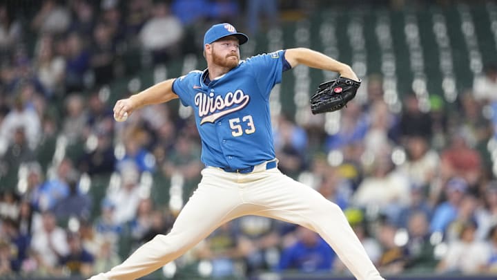 Apr 12, 2026; Milwaukee, Wisconsin, USA;  Milwaukee Brewers pitcher Brandon Woodruff (53) throws a pitch during the first inning against the Washington Nationals at American Family Field. Mandatory Credit: Jeff Hanisch-Imagn Images