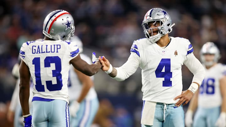 Nov 12, 2023; Arlington, Texas, USA; Dallas Cowboys wide receiver Michael Gallup (13) and