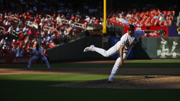 Oct 1, 2023; St. Louis, Missouri, USA; St. Louis Cardinals relief pitcher Ryan Helsley (56) pitches Oct 1, 2023; St. Louis, Missouri, USA; St. Louis Cardinals relief pitcher Ryan Helsley (56) pitches