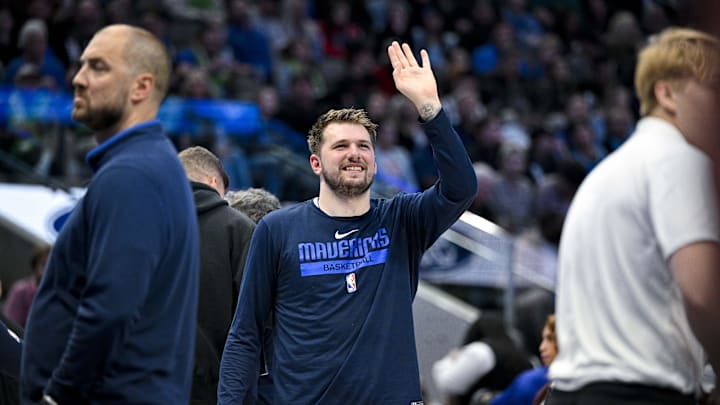 Apr 7, 2023; Dallas, Texas, USA; Dallas Mavericks guard Luka Doncic (77) waves to the crowd during