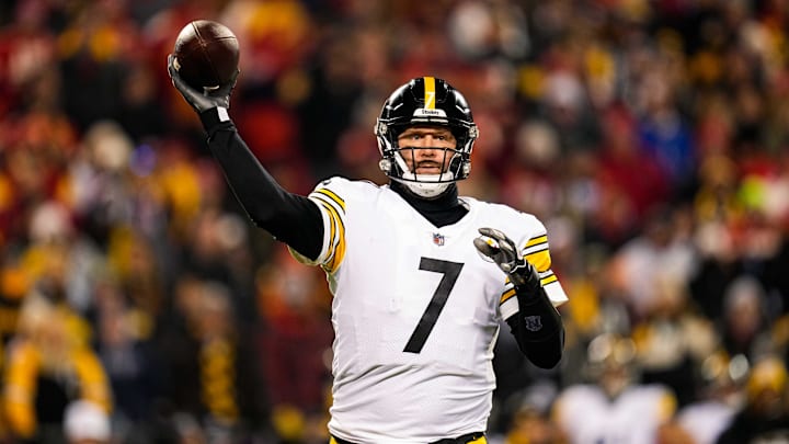 Jan 16, 2022; Kansas City, Missouri, USA; Pittsburgh Steelers quarterback Ben Roethlisberger (7) throws a pass against the Kansas City Chiefs during the second half in an AFC Wild Card playoff football game at GEHA Field at Arrowhead Stadium. Mandatory Credit: Jay Biggerstaff-Imagn Images