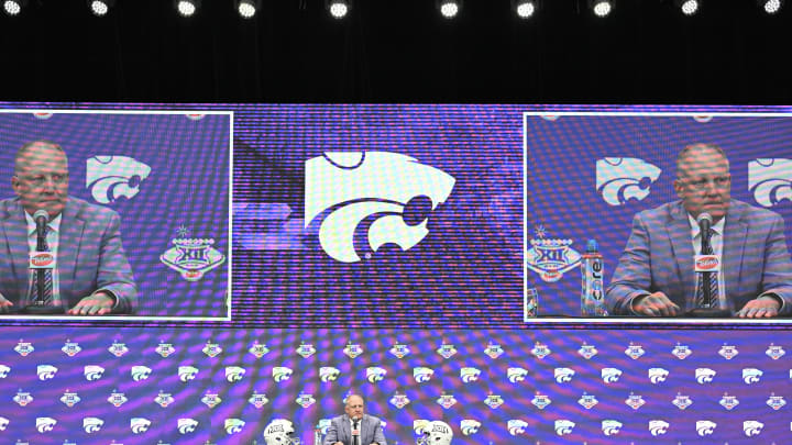 Jul 9, 2024; Las Vegas, NV, USA; Head coach Chris Klieman of Kansas State speaks to the media during the Big 12 Media Days at Allegiant Stadium. Mandatory Credit: Candice Ward-USA TODAY Sports Jul 9, 2024; Las Vegas, NV, USA; Head coach Chris Klieman of Kansas State speaks to the media during the Big 12 Media Days at Allegiant Stadium. Mandatory Credit: Candice Ward-USA TODAY Sports