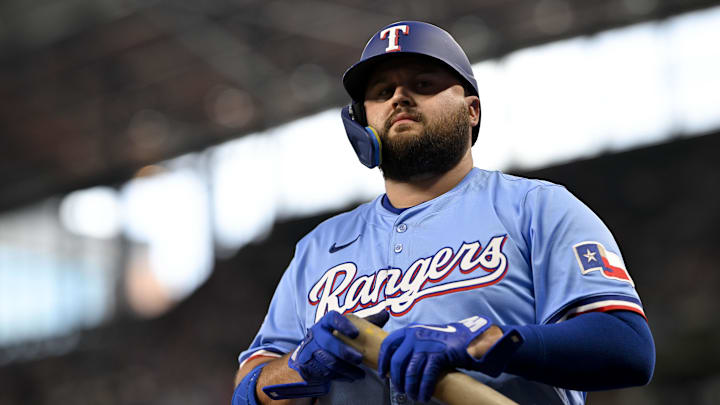 Texas Rangers first baseman Rowdy Tellez (44) walks to the on deck circle during the game against the Cleveland Guardians at Globe Life Field. Texas Rangers first baseman Rowdy Tellez (44) walks to the on deck circle during the game against the Cleveland Guardians at Globe Life Field.