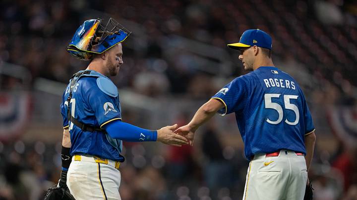 Sep 25, 2026; Minneapolis, Minnesota, USA; Minnesota Twins pitcher Taylor Rogers (55) celebrates with catcher Ryan Jeffers (27) after defeating the Texas Rangers at Target Field. Mandatory Credit: Jesse Johnson-Imagn Images Sep 25, 2026; Minneapolis, Minnesota, USA; Minnesota Twins pitcher Taylor Rogers (55) celebrates with catcher Ryan Jeffers (27) after defeating the Texas Rangers at Target Field. Mandatory Credit: Jesse Johnson-Imagn Images