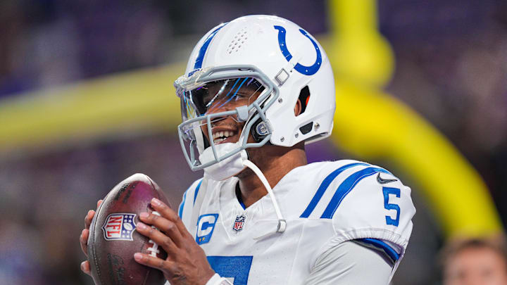 Nov 3, 2024; Minneapolis, Minnesota, USA; Indianapolis Colts quarterback Anthony Richardson (5) warms up before the game against the Minnesota Vikings at U.S. Bank Stadium. Mandatory Credit: Brad Rempel-Imagn Images