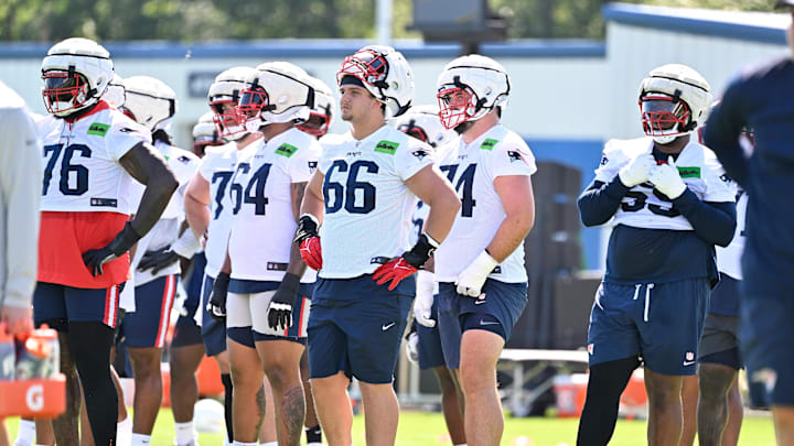 Jul 23, 2025; Foxborough, MA, USA; New England Patriots offensive tackle Will Campbell (66) look on before the start of drills at training camp at Gillette Stadium. Mandatory Credit: Eric Canha-Imagn Images
