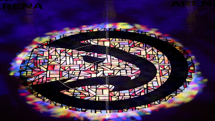 Jan 18, 2021; Atlanta, Georgia, USA; The Atlanta Hawks logo is shown before a MLK day game between the Atlanta Hawks and the Minnesota Timberwolves on Martin Luther King Day. Mandatory Credit: Jason Getz-Imagn Images