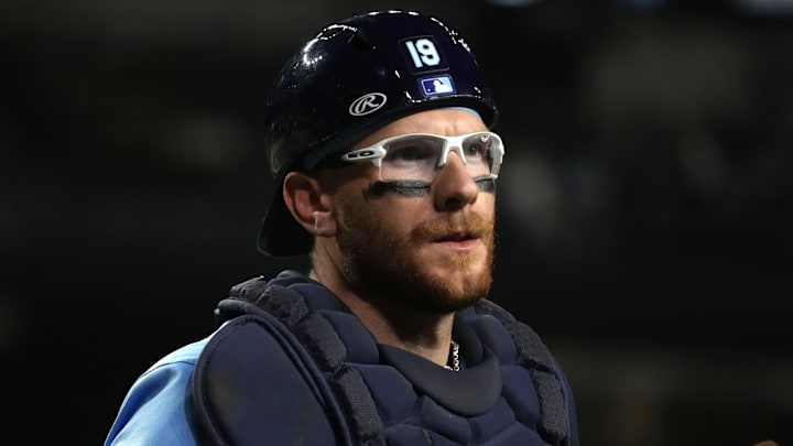 Apr 23, 2025; Phoenix, Arizona, USA; Tampa Bay Rays catcher Danny Jansen (19) gets ready to field against the Arizona Diamondbacks during the sixth inning at Chase Field.