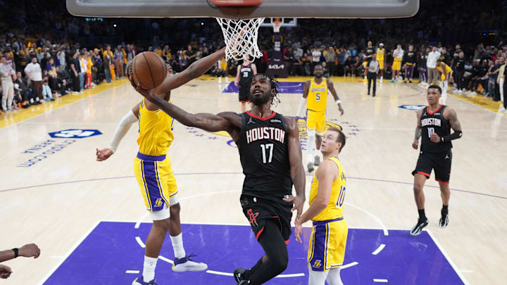Apr 18, 2026; Los Angeles, California, USA; Houston Rockets forward Tari Eason (17) shoots the ball against the Los Angeles Lakers in the second half during game one of the first round of the 2026 NBA Playoffs at Crypto.com Arena. Mandatory Credit: Kirby Lee-Imagn Images