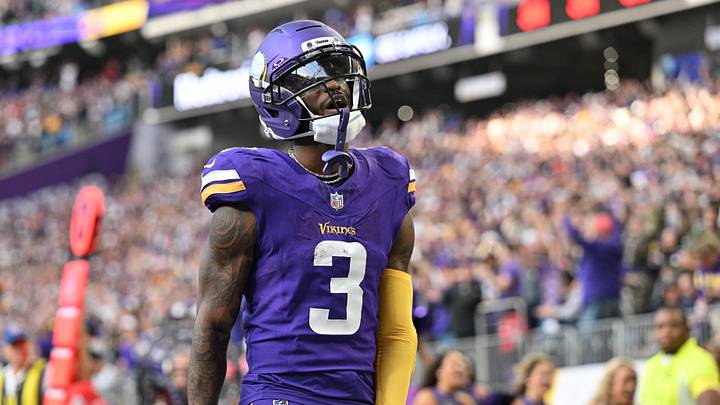 Nov 16, 2025; Minneapolis, Minnesota, USA; Minnesota Vikings wide receiver Jordan Addison (3) celebrates after scoring a touchdown during the fourth quarter against the Chicago Bears at U.S. Bank Stadium. Mandatory Credit: Jeffrey Becker-Imagn Images