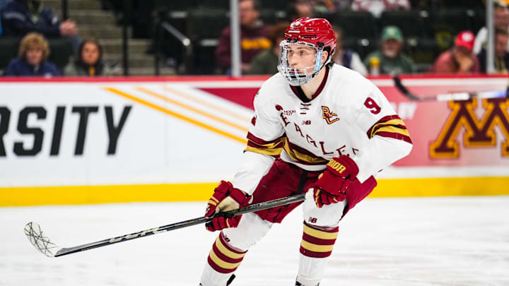 Apr 11, 2024; Saint Paul, Minnesota, USA; Boston College Eagles forward Ryan Leonard (9) looks on in the semifinals of the 2024 Frozen Four college ice hockey tournament against the Michigan Wolverines at Xcel Energy Center. Mandatory Credit: Brace Hemmelgarn-Imagn Images Apr 11, 2024; Saint Paul, Minnesota, USA; Boston College Eagles forward Ryan Leonard (9) looks on in the semifinals of the 2024 Frozen Four college ice hockey tournament against the Michigan Wolverines at Xcel Energy Center. Mandatory Credit: Brace Hemmelgarn-Imagn Images