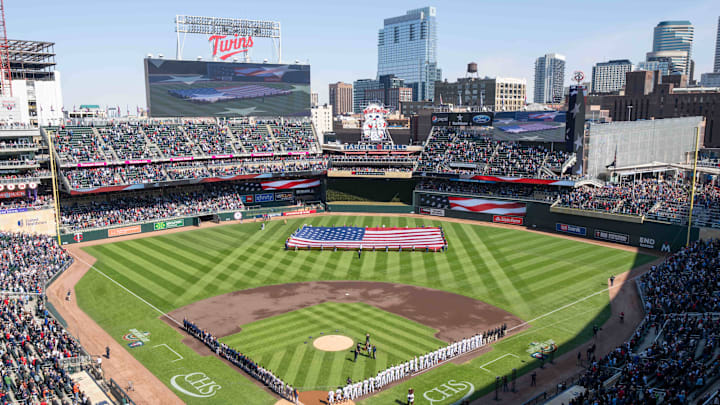 Apr 7, 2023; Minneapolis, Minnesota, USA; The national anthem is performed before the game between the Minnesota Twins and Houston Astros at Target Field. Mandatory Credit: Matt Blewett-Imagn Images