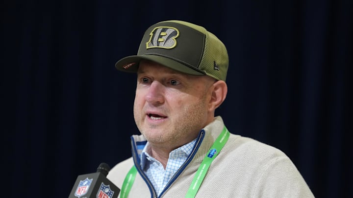Feb 24, 2026; Indianapolis, IN, USA; Cincinnati Bengals general manager Duke Tobin speaks at the NFL Scouting Combine at the Indiana Convention Center. Mandatory Credit: Kirby Lee-Imagn Images