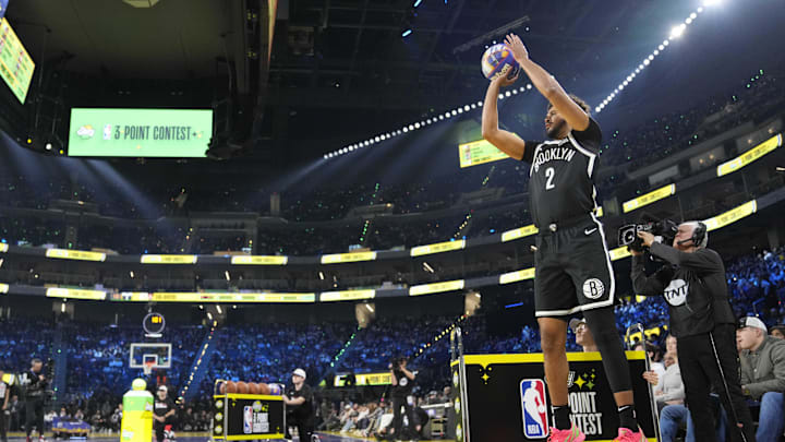 Feb 15, 2025; San Francisco, CA, USA; Brooklyn Nets forward Cam Johnson (2) competes in the three-point contest during All Star Saturday Night ahead of the 2025 NBA All Star Game at Chase Center. 