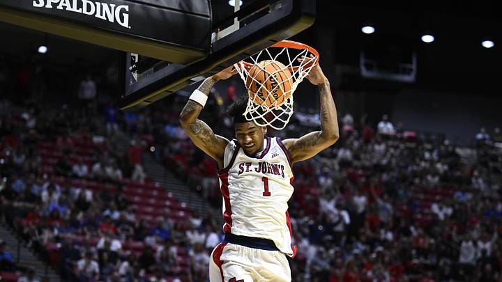 Mar 20, 2026; San Diego, CA, USA; St. John's Red Storm forward Dillon Mitchell (1) dunks against the Northern Iowa Panthers in the first half during a first round game of the men's 2026 NCAA Tournament at Viejas Arena. Mar 20, 2026; San Diego, CA, USA; St. John's Red Storm forward Dillon Mitchell (1) dunks against the Northern Iowa Panthers in the first half during a first round game of the men's 2026 NCAA Tournament at Viejas Arena.