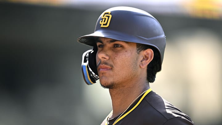 Mar 26, 2024; San Diego, California, USA; San Diego Padres catcher Ethan Salas (88) looks on during the ninth inning against the Seattle Mariners at Petco Park. Mandatory Credit: Orlando Ramirez-Imagn Images