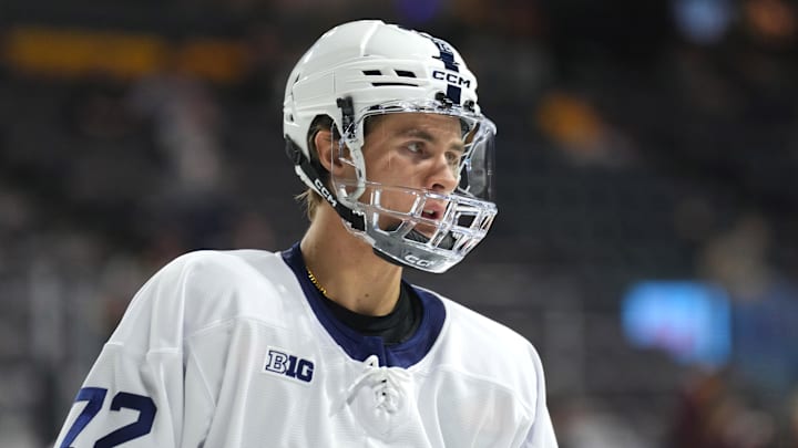 Oct 4, 2025; Tempe, AZ, USA; Penn State Nittany Lions forward Gavin McKenna (72) warms up before the game against the Arizona State Sun Devils at Mullett Arena. Mandatory Credit: Joe Camporeale-Imagn Images